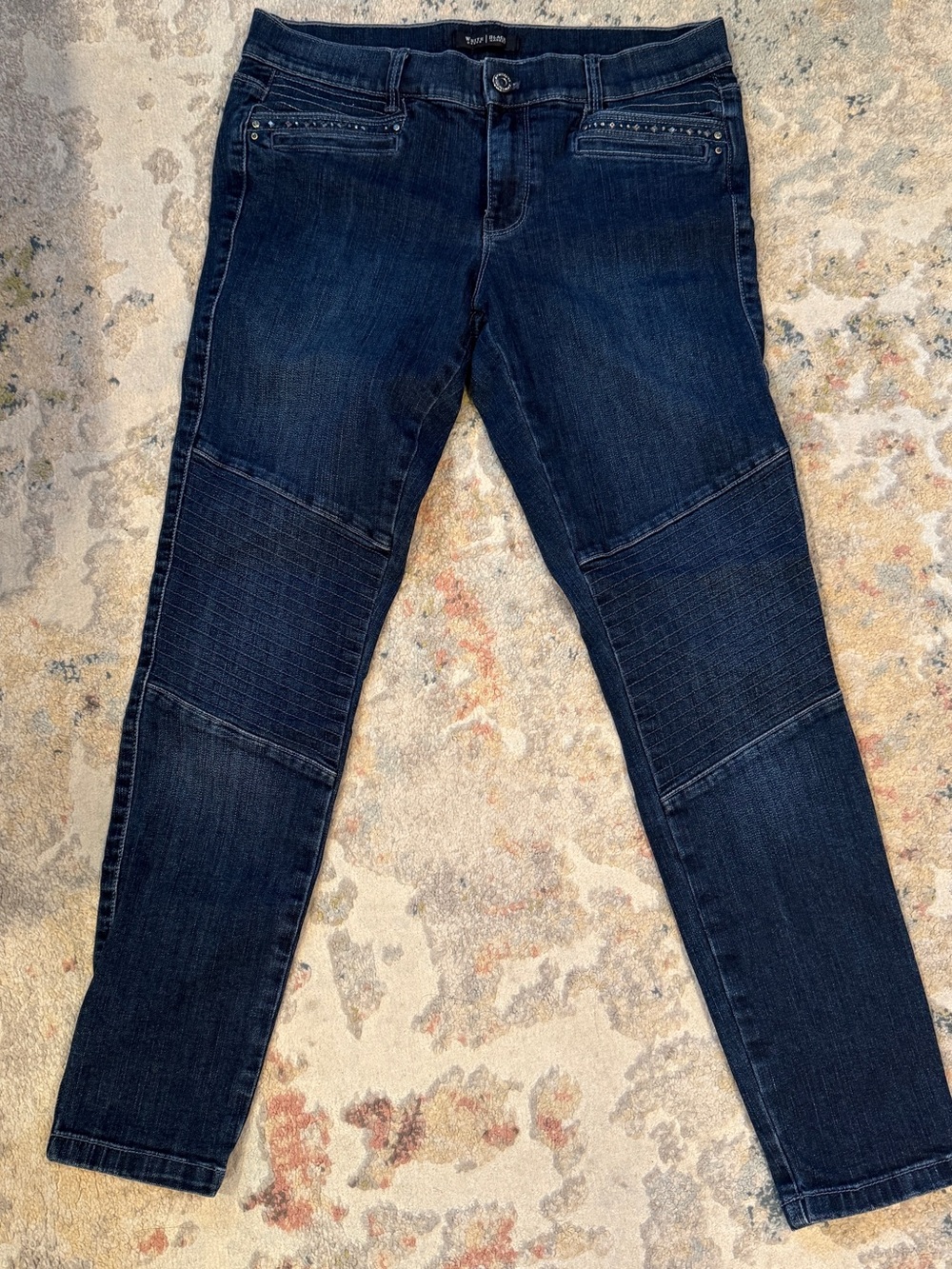 WHBM jeans featuring embellished pockets and moto-style ribbed knee details SZ 8
